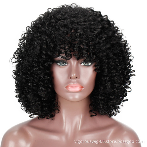 Vigorous Afro Kinky Curly Wigs with Bangs Short Fiber Black Curly Heat Resistant Synthetic hair Wigs for Black Women